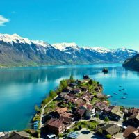 An aerial view of Iseltwald in Brienz Lake, Switzerland