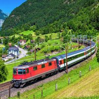 Intercity train climbs up the Gotthard railway. The traffic will be diverted to the Gotthard Base Tunnel in December 2016.